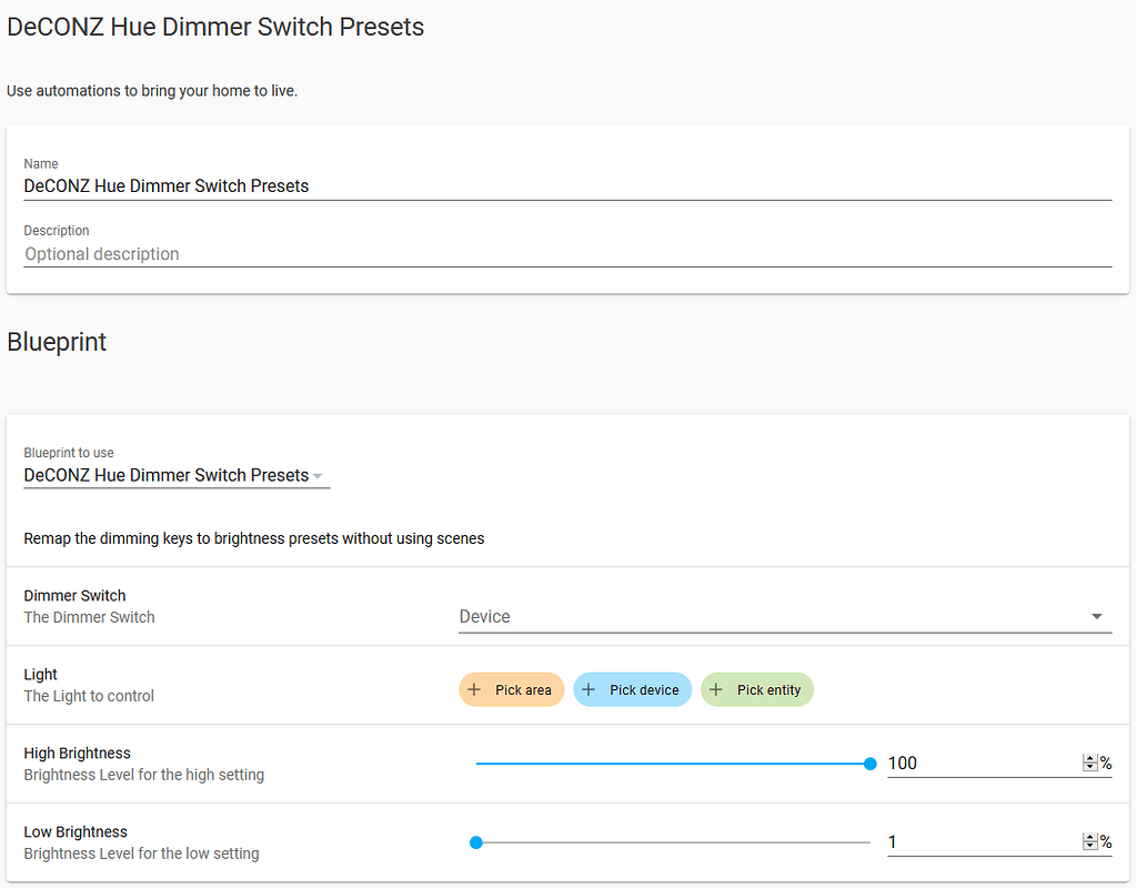 DeCONZ Hue Dimmer Switch Brightness Presets Blueprints Exchange Home Assistant Community