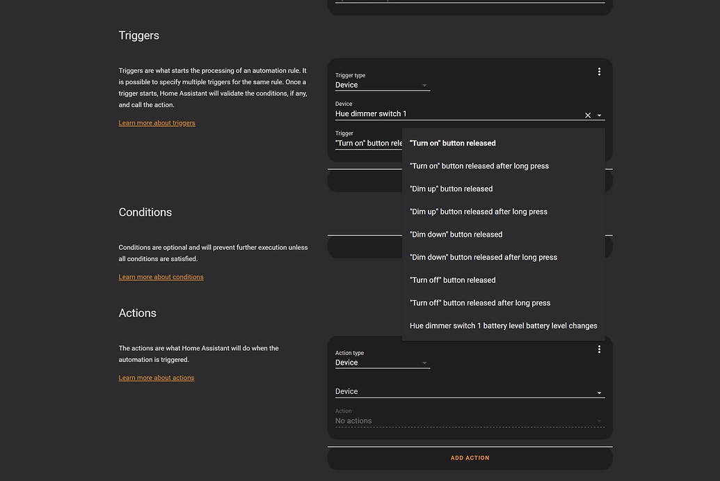Where are the new entities for Hue (dimmer and tap) switches