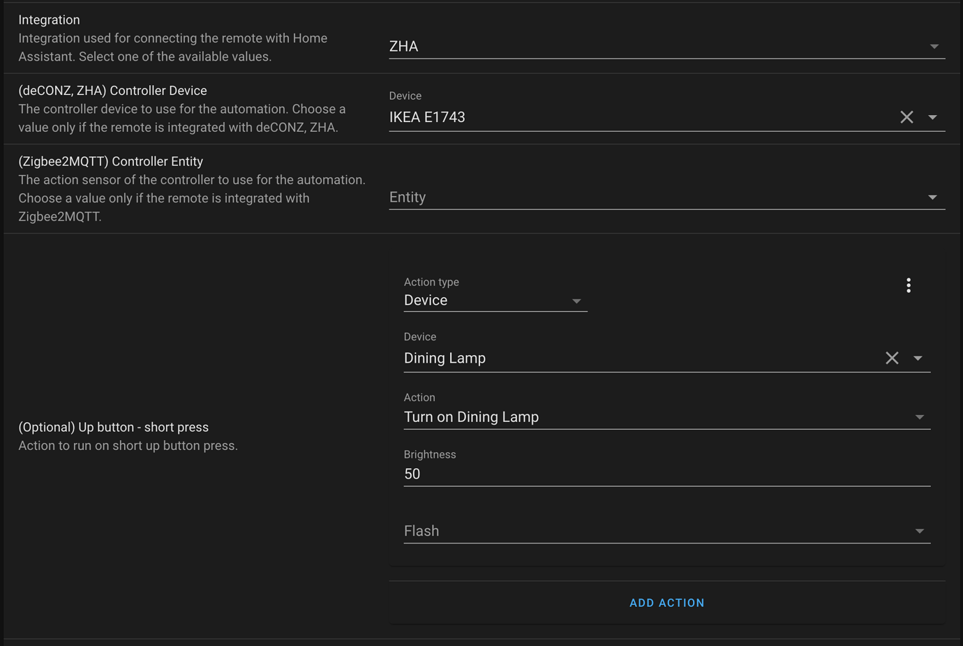 🎮 ZHA, deCONZ, Zigbee2MQTT Ikea E1743 On/Off Switch & Dimmer Universal blueprint all actions