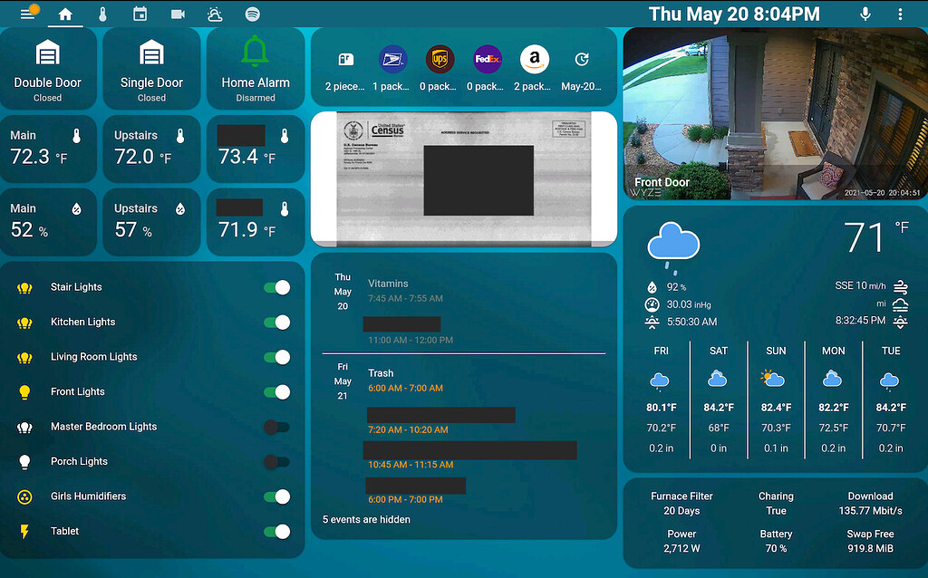 Fully Kiosk with Cameras from Motioneye and Mail and Packages Dashboards & Frontend Home
