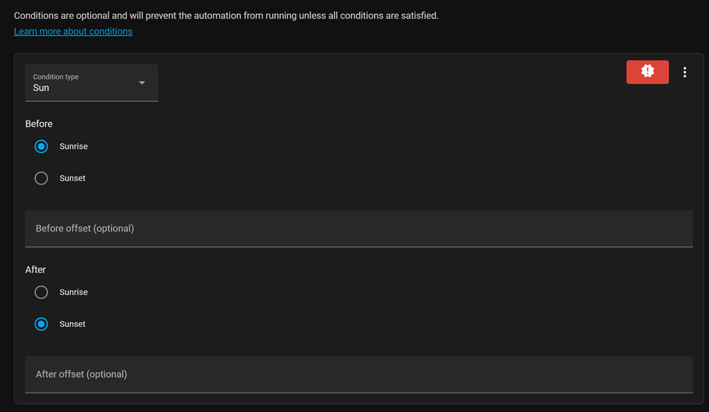 Automation after sunset (tonight) but before sunrise (the next