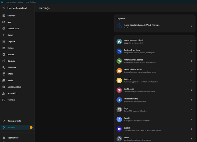 Home Assistant showing ZWA-2 Upgrade Available