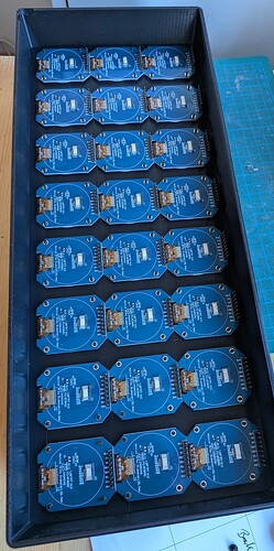 All 24 round panels seated in the printed case, eight rows of three