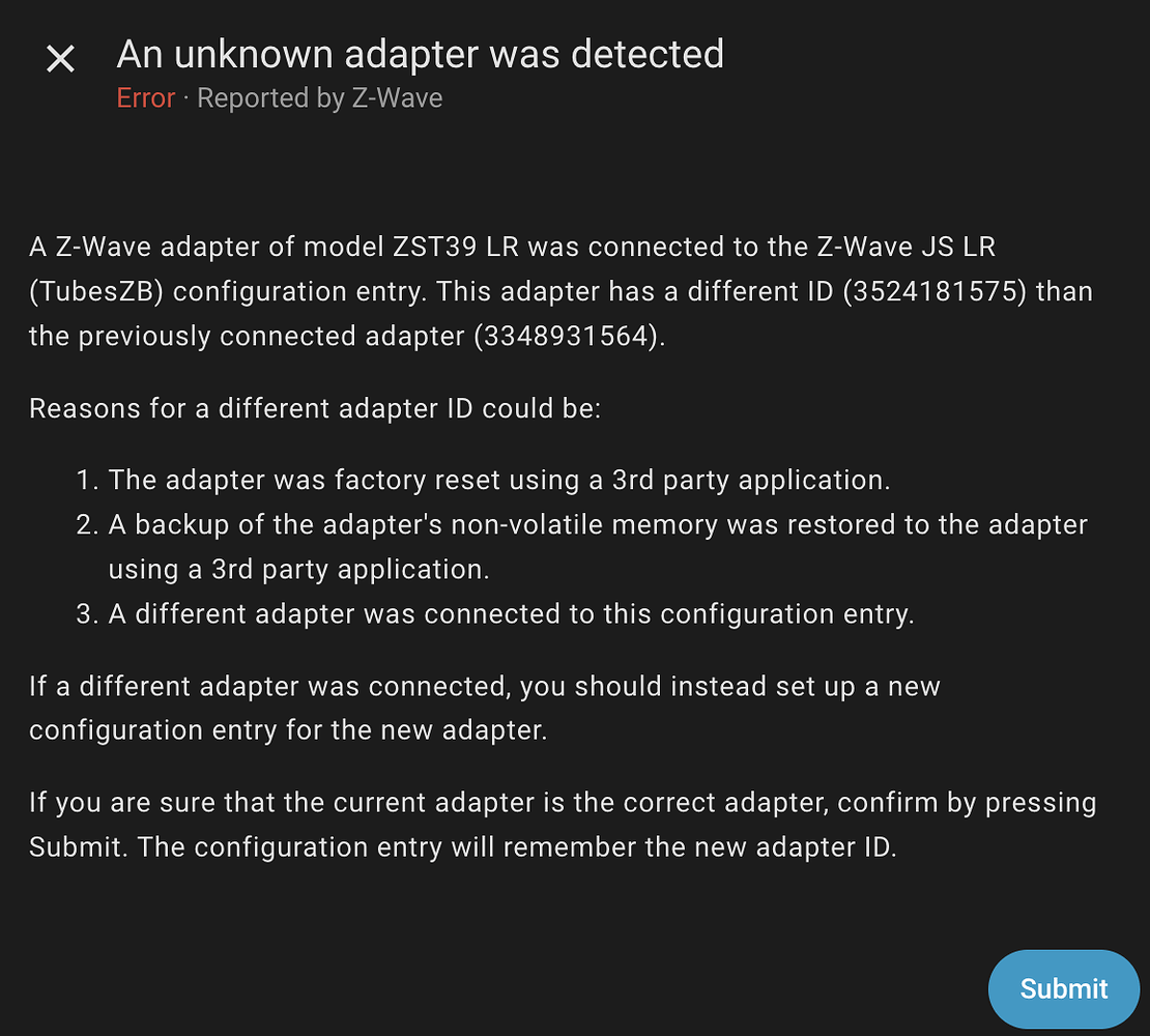 An unknown adapter was detected - z-wave integration
