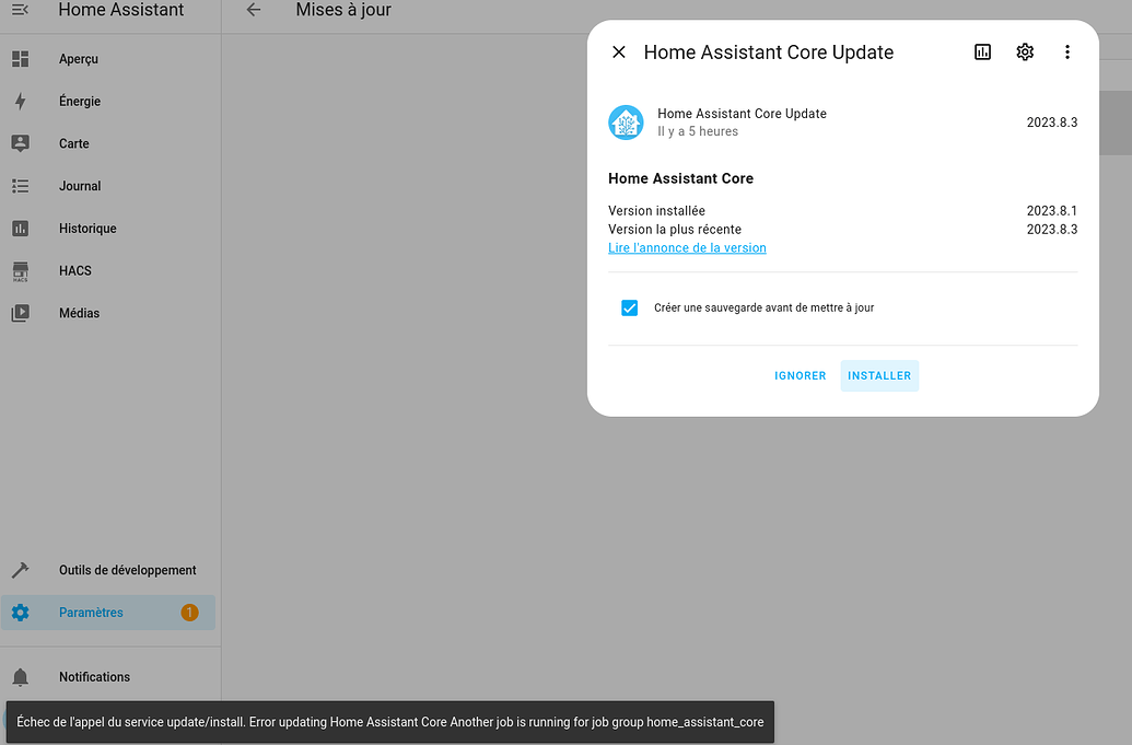 Update failed : Error updating Home Assistant Core Another job is ...