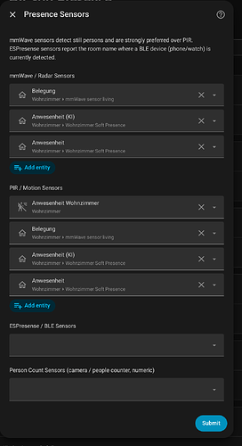 Pick the room's presence sensors — pre-filled from the matching Home Assistant area.