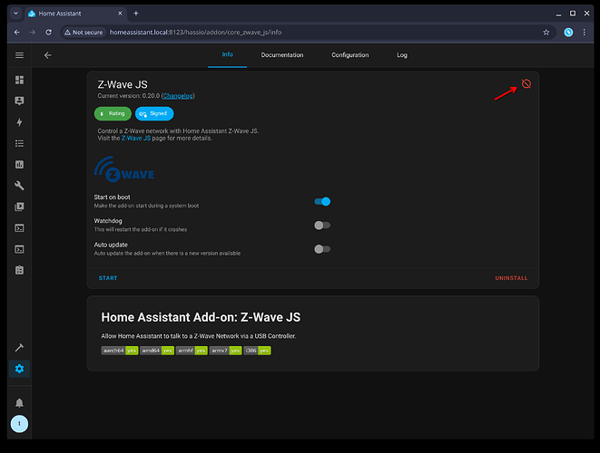 Disabled Z-Wave JS add-on