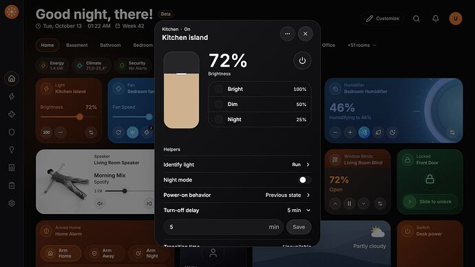 Linked light helpers: identify, night mode, power-on behavior, and turn-off delay. Release demo.