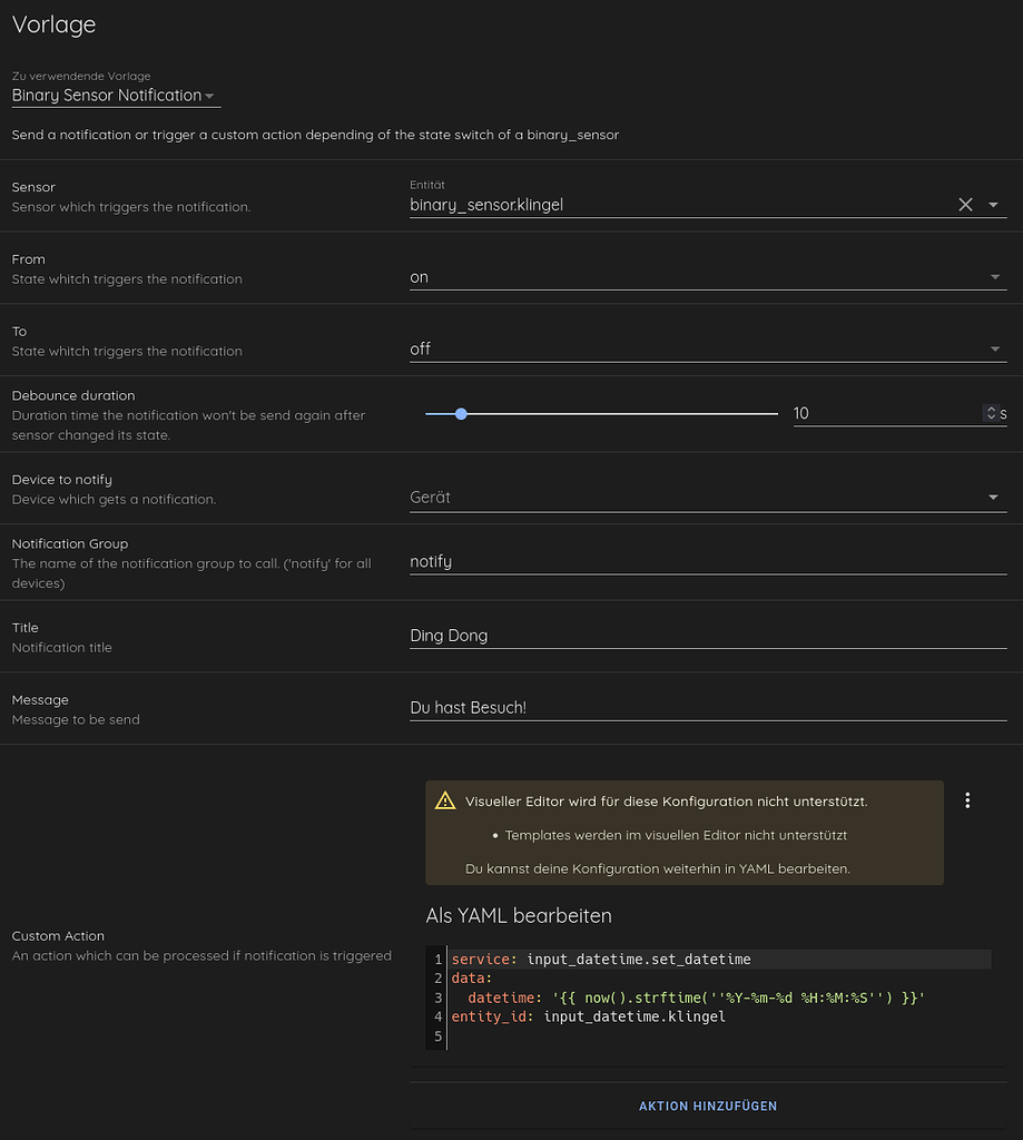 Notify device or group execute action based on binary_sensor with