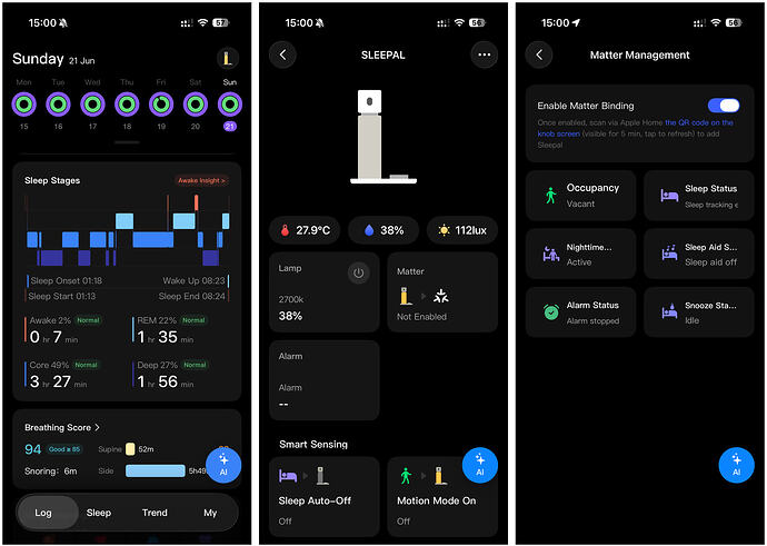 Sleep report, device page, and Matter setup in the beta app.