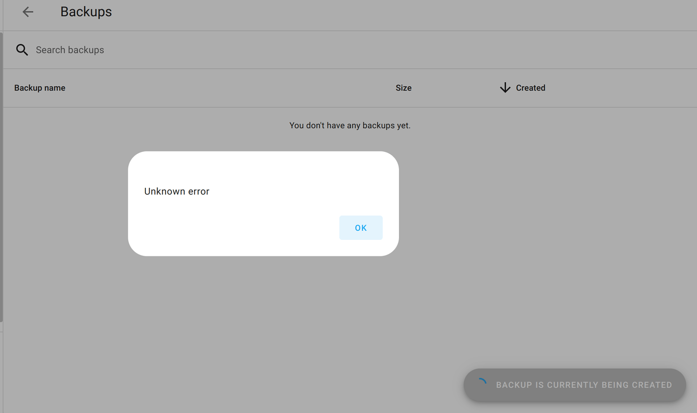 Unknown error when creating backups Configuration Home Assistant