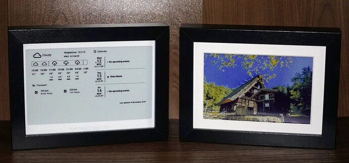 The Xiao 7.5" monochrome epaper on the left vs the E1002 colour epaper on the right. Both are shown inside a Ikea photo frame.