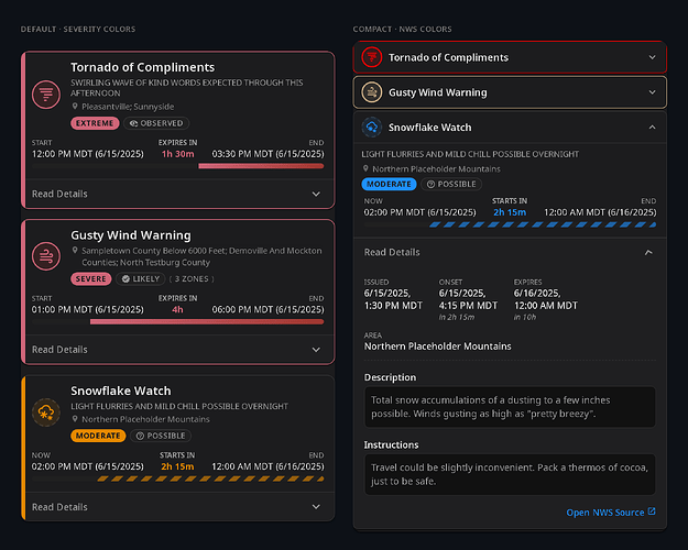 Weather Alerts Card — dark theme