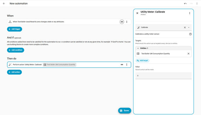 Automation action to calibrate utility meter to zero