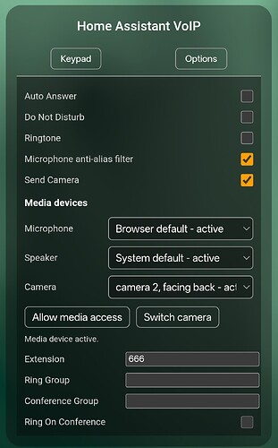 Microphone, speaker and camera selection in the Home Assistant VoIP card