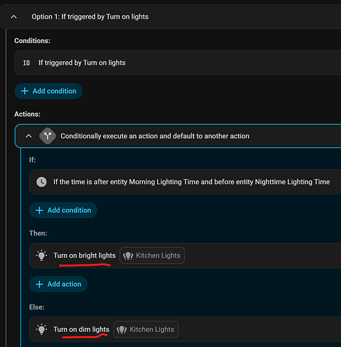 Turning lights on different settings based on nested conditions