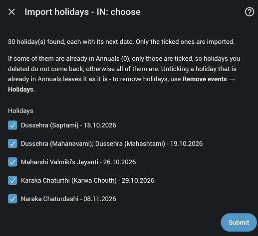 The new third step of the holiday import: every holiday with its next date, each with a checkbox