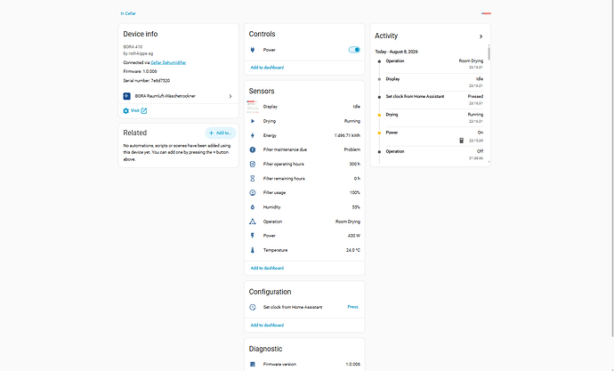 The BORA device page in Home Assistant while drying — sensors, controls, LCD mirror and activity log