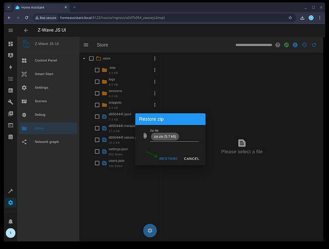 Restore zip dialog