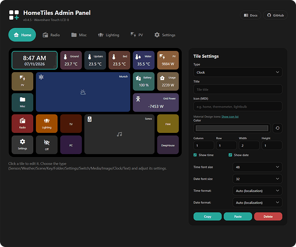 The web admin with the tile grid on the left and the settings for the selected tile on the right.