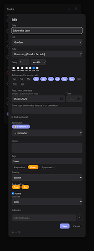 Task dialog with active months, reminders and rotation