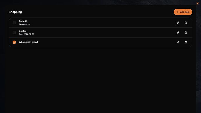 Home Assistant shopping/to-do list with item completion, editing, removal, and due dates. Release component preview.
