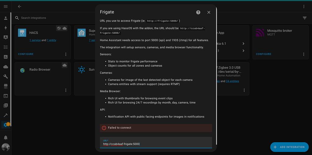 Trying To Install Frigate But Get Failed To Connect Configuration