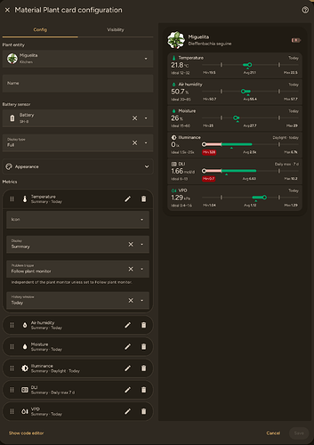 Visual editor with the metrics list