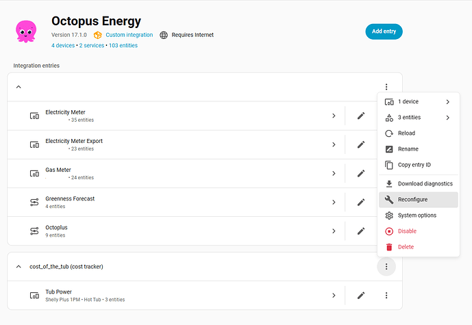 integration entries - reconfigure the cost tracker