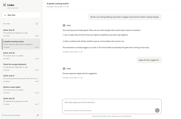 Codex web chat with saved conversations