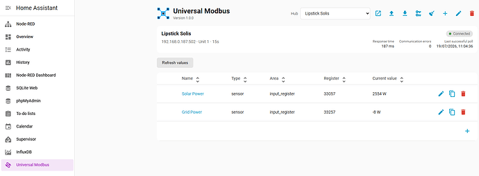universal modbus connected and working