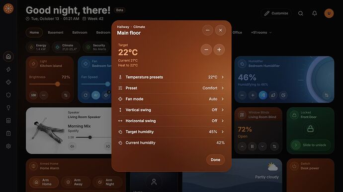Thermostat presets, fan and swing modes, and target humidity in the 0.18.0 demo.