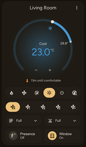 Material Thermostat Card – cooling, with HVAC + fan selectors and sensor tiles
