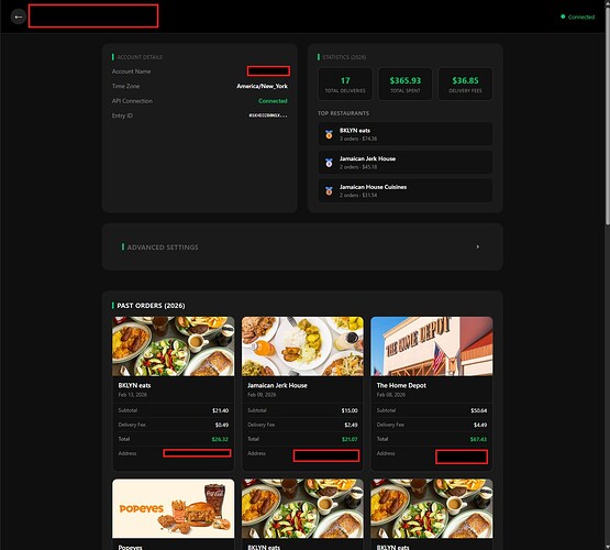 Updated account details page with order history, (red boxes are redacted information)