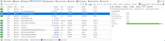 Screenshot of browser timing. Transferring core.js (116 KB) took 28 seconds