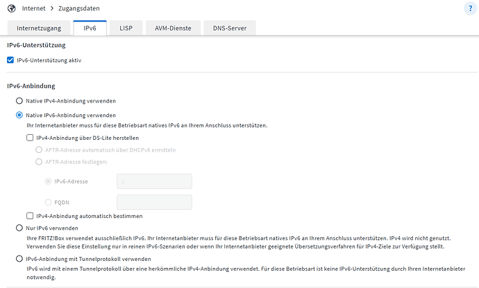 Fritzbox IPv6 Internet Zugangseinstellung