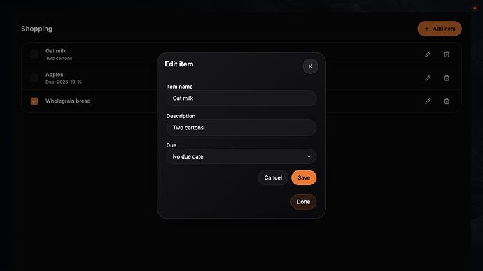 Shopping/to-do item details with name, description, and due-date options. Release component preview.