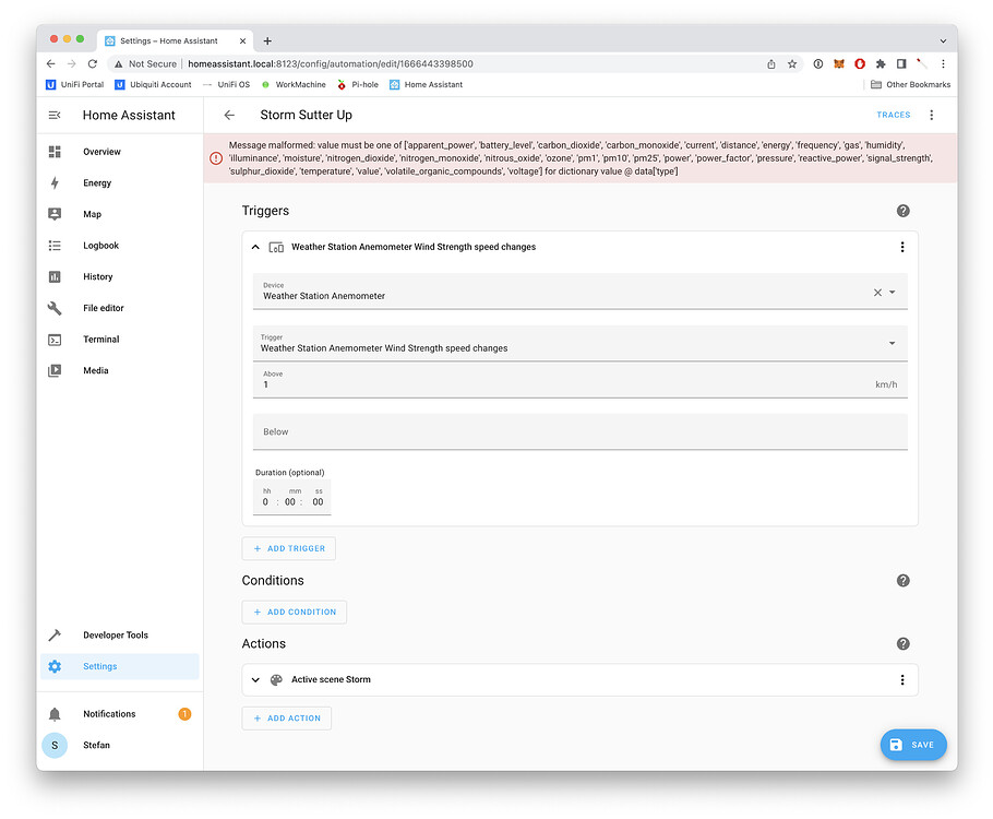 Wind Speed Anemometer Error in Automation Configuration Home