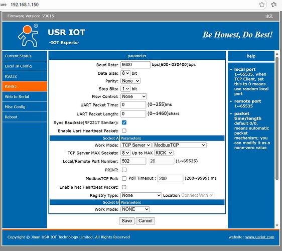 USR-TCP-232-410S RS485 and modbus configuration