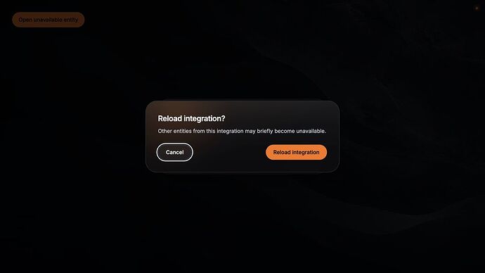 Reload integration confirmation with a warning that other entities may briefly become unavailable. Release component preview.