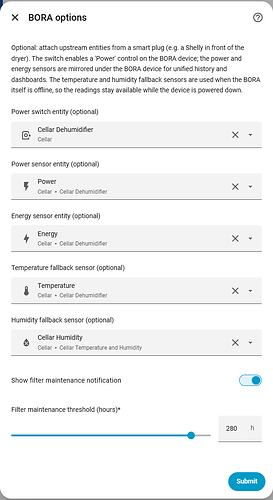 The BORA options dialog — smart plug entities, fallback sensors and the filter reminder settings