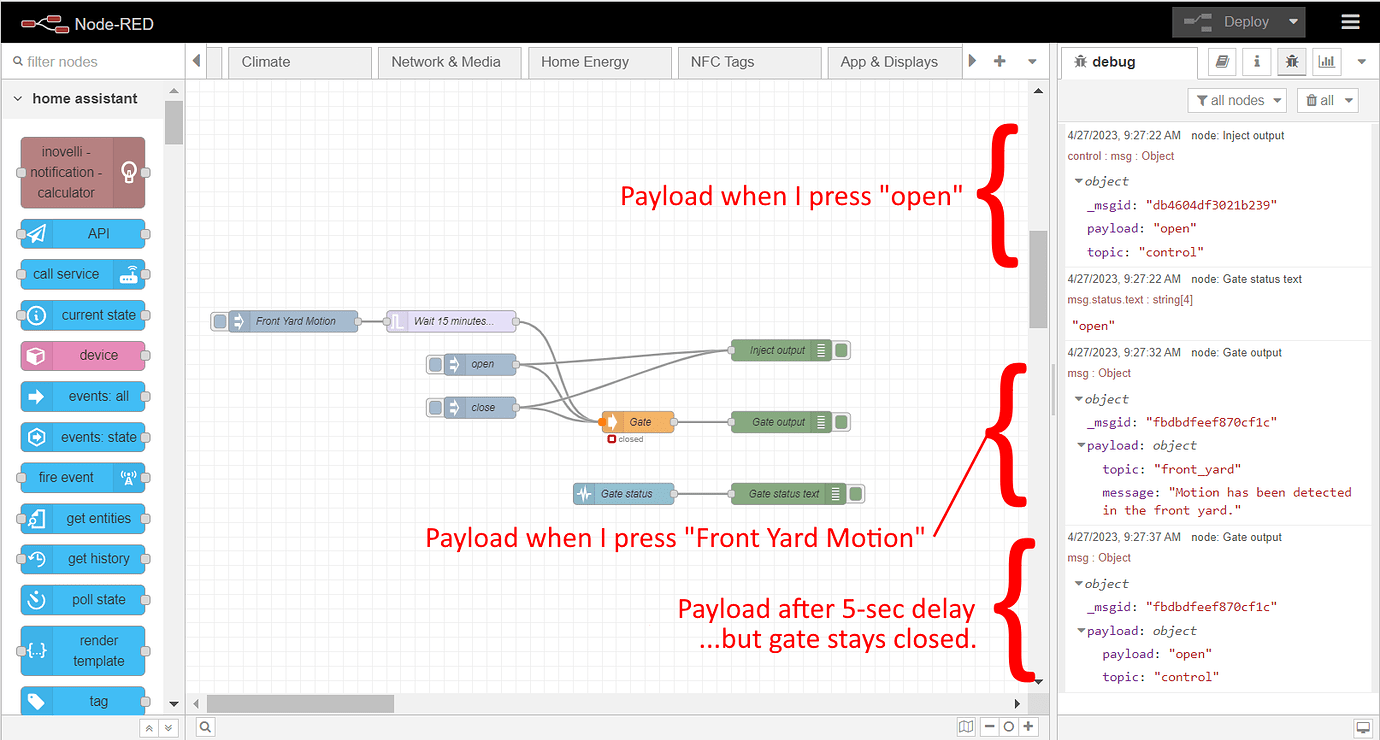 Gate node not responding as expected opening, closing with JSON