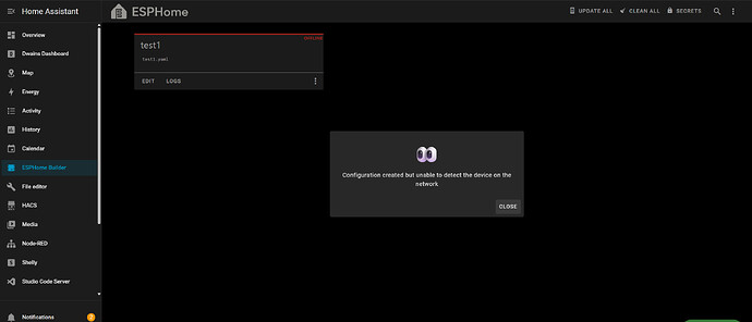 configuration created but unable to detect the device on the network
