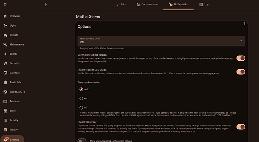 Matter App settings; "Enable BLE proxy" enabled