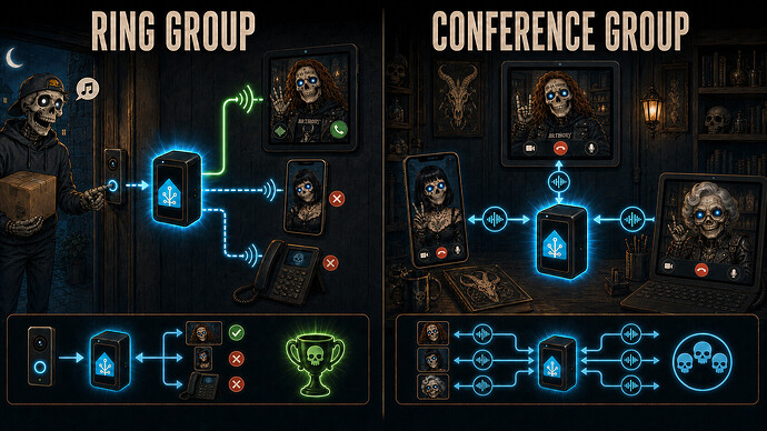Ring groups and conference groups