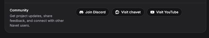 Community section in Navet Settings showing Join Discord and Visit r/navet buttons beside Visit YouTube. Captured from the v0.17.7 source using the provider-free demo.
