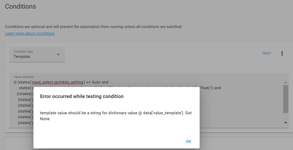 Template Condition Error from Test button, but not in Developer Tools