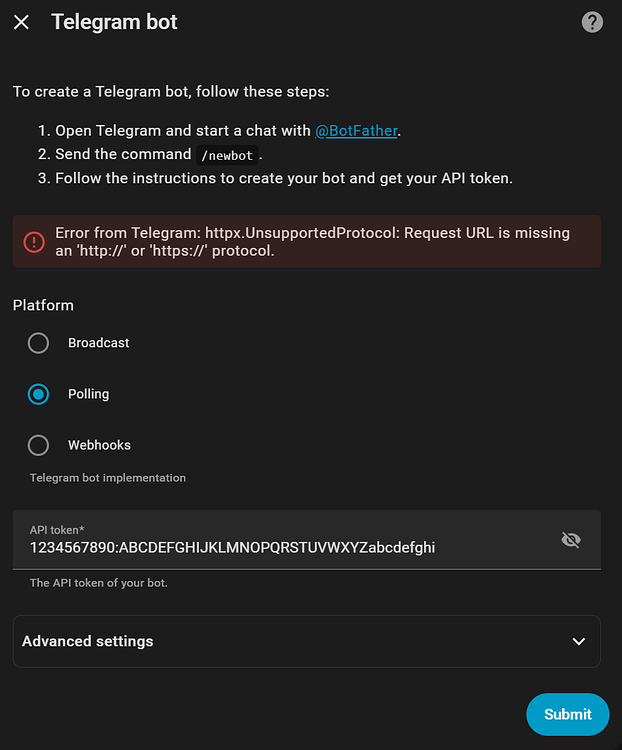 Telegram bot setup error Error from Telegram: httpx.UnsupportedProtocol ...