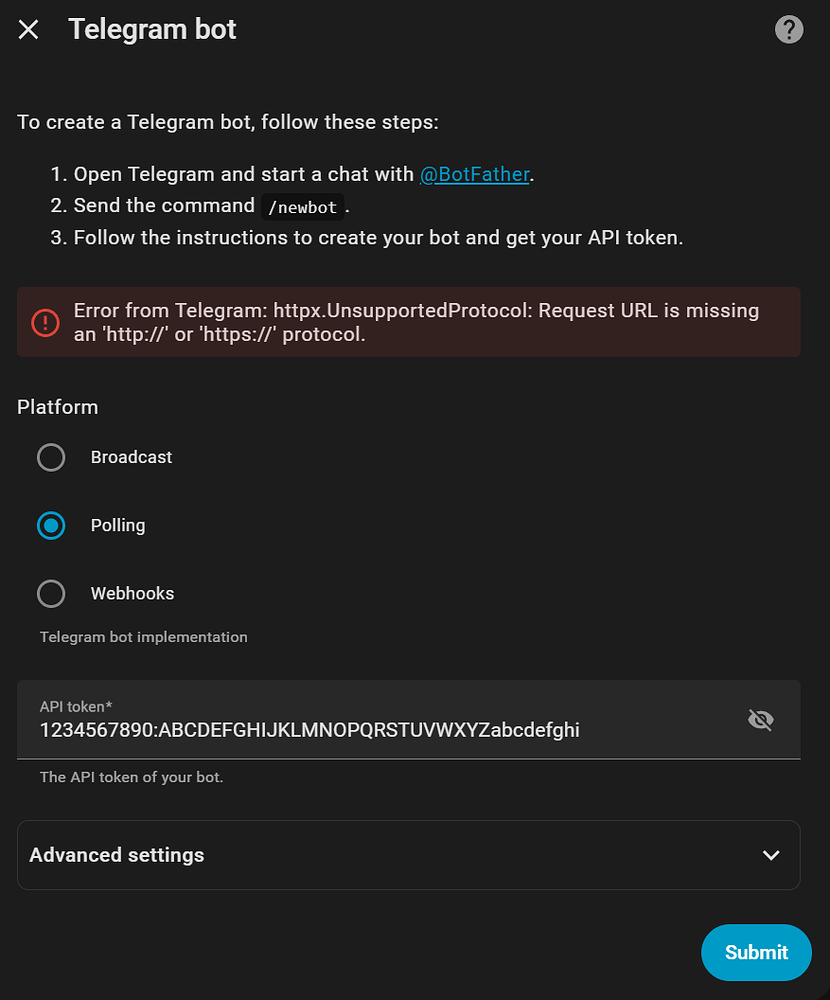 Telegram bot setup error Error from Telegram: httpx.UnsupportedProtocol ...
