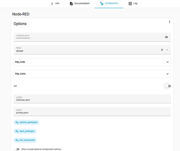 node red app configuration settings are in the UI